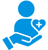 Blue person and heart symbol on hand.