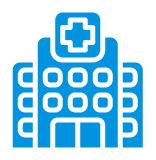 Blue hospital icon on black background.