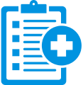 Blue medical clipboard icon with cross symbol.