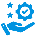Hand with gear, stars, and checkmark icon.
